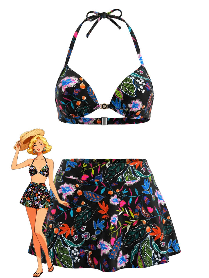 Floral Print High Waist Skirted Bikini Set, vintage skirt, retro style - perfect for women who love vintage and retro fashion