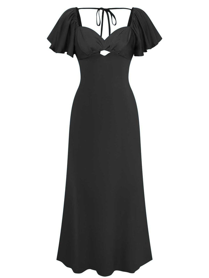 1930s Heart Neck Ruffled Sleeve Satin Dress - vintage dress, retro fashion