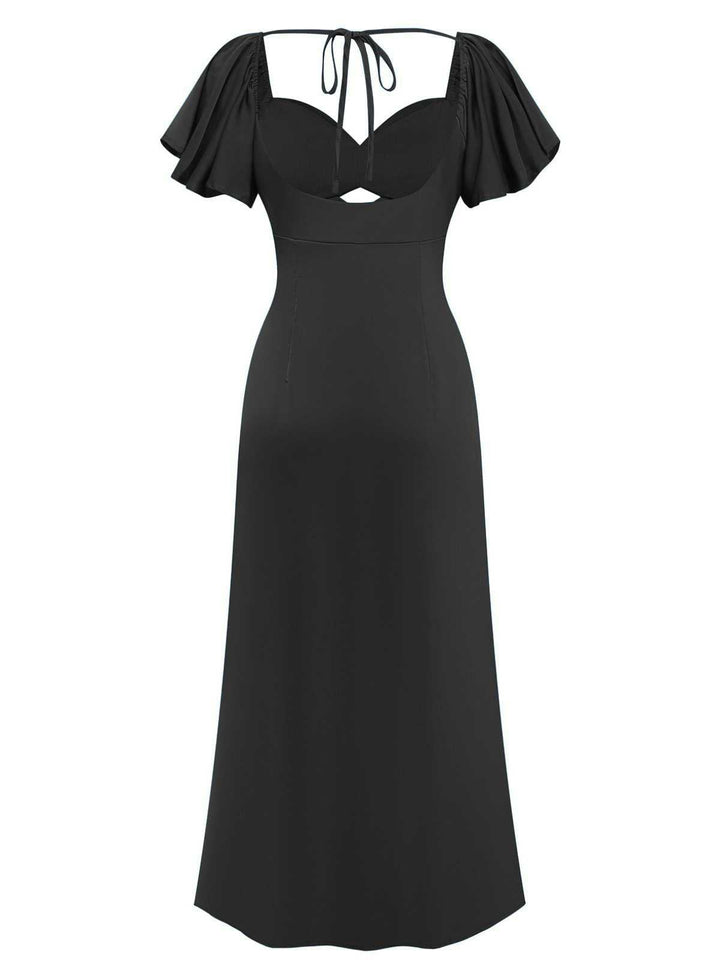 1930s Heart Neck Ruffled Sleeve Satin Dress - vintage dress, retro fashion