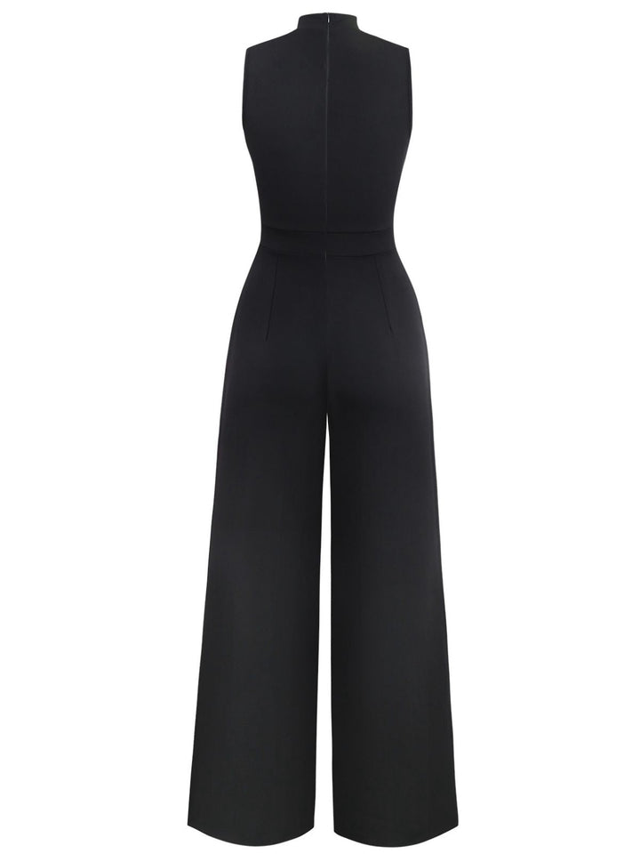 Black 1930s Sleeveless Chain Drawstring Half-Turtleneck Jumpsuit - vintage jumpsuit, retro fashion, classic black