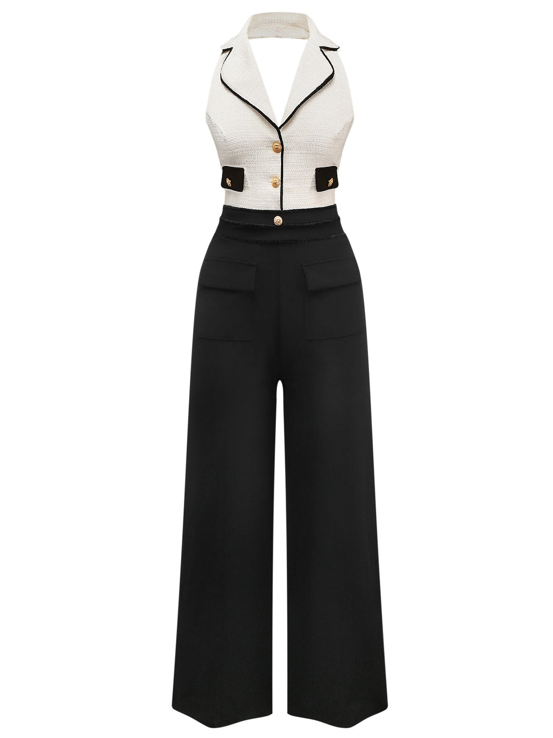 Black &amp; White 1930s Contrast Notched Collar Jumpsuit - vintage jumpsuit, retro fashion, classic black