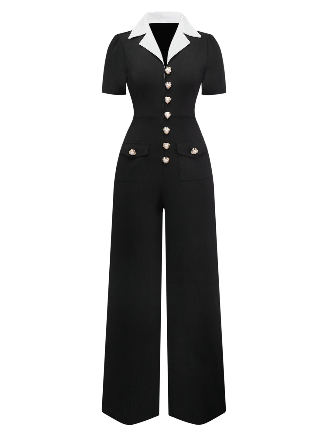 Black &amp; White 1930s Notched Collar Buttoned Jumpsuit - vintage jumpsuit, retro fashion, classic black