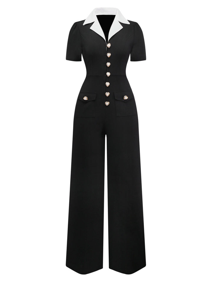 Black &amp; White 1930s Notched Collar Buttoned Jumpsuit - vintage jumpsuit, retro fashion, classic black