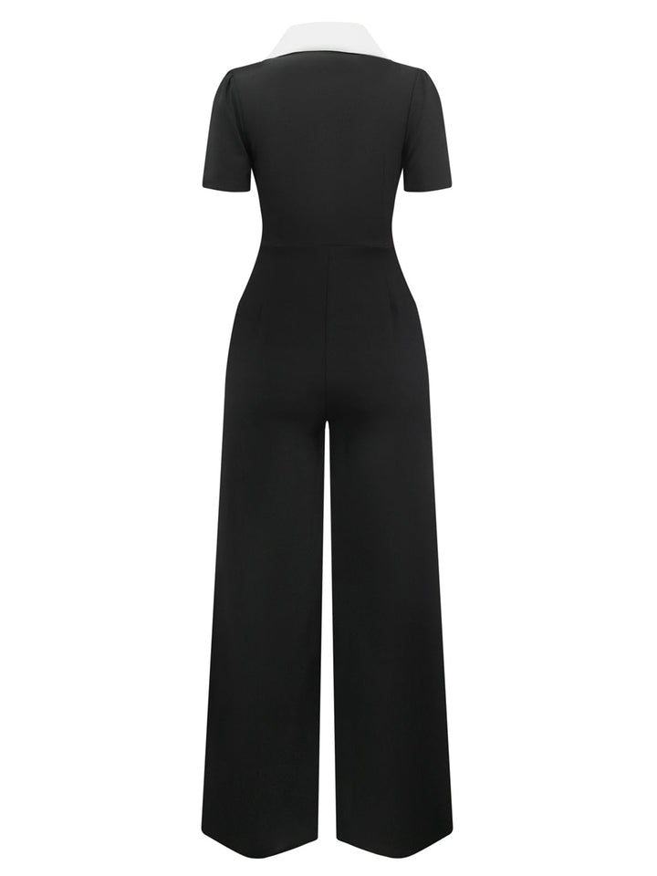 Black &amp; White 1930s Notched Collar Buttoned Jumpsuit - vintage jumpsuit, retro fashion, classic black