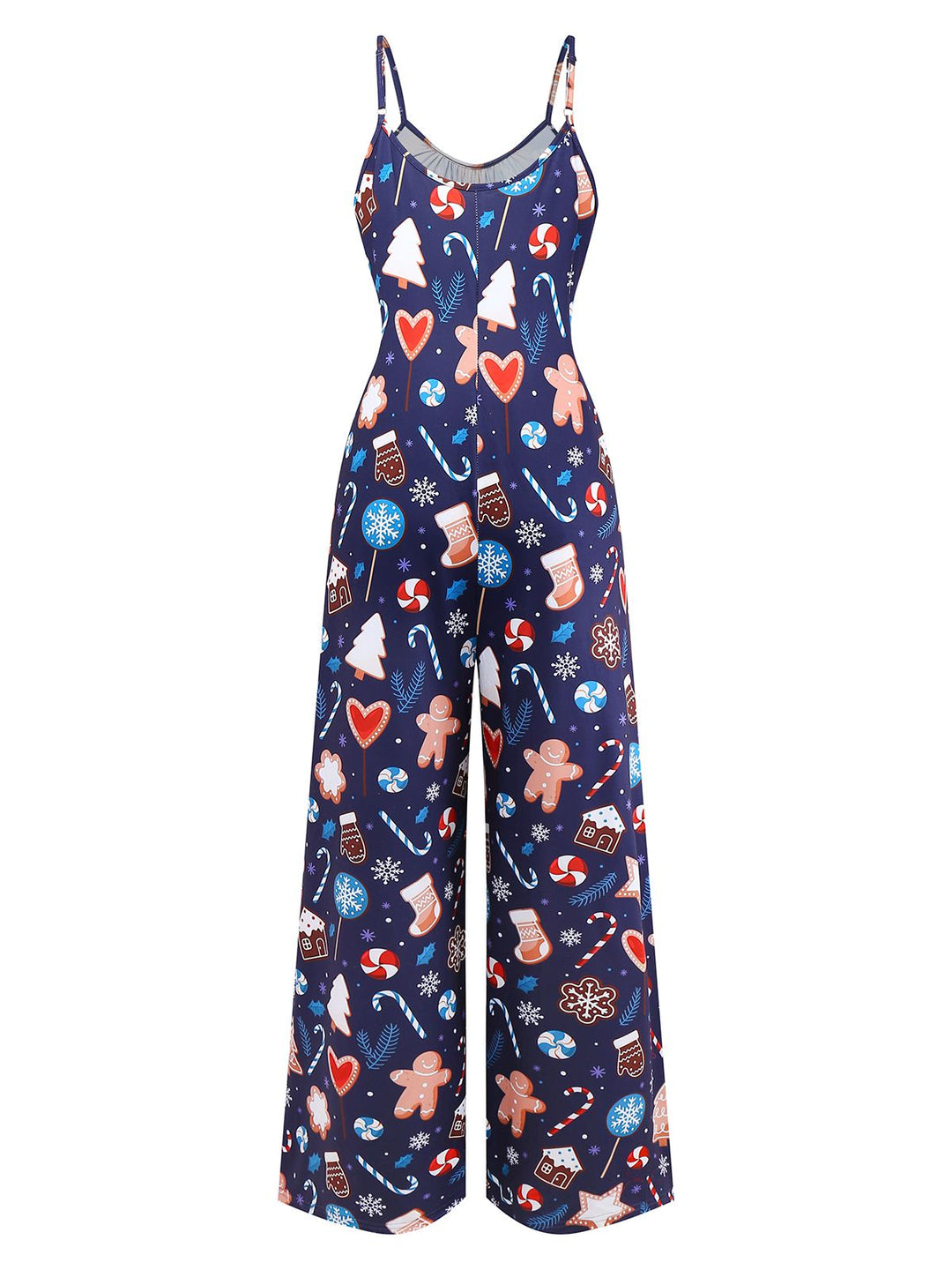 Blue 1930s Christmas Elements Printed Straps Jumpsuit - vintage jumpsuit, retro fashion