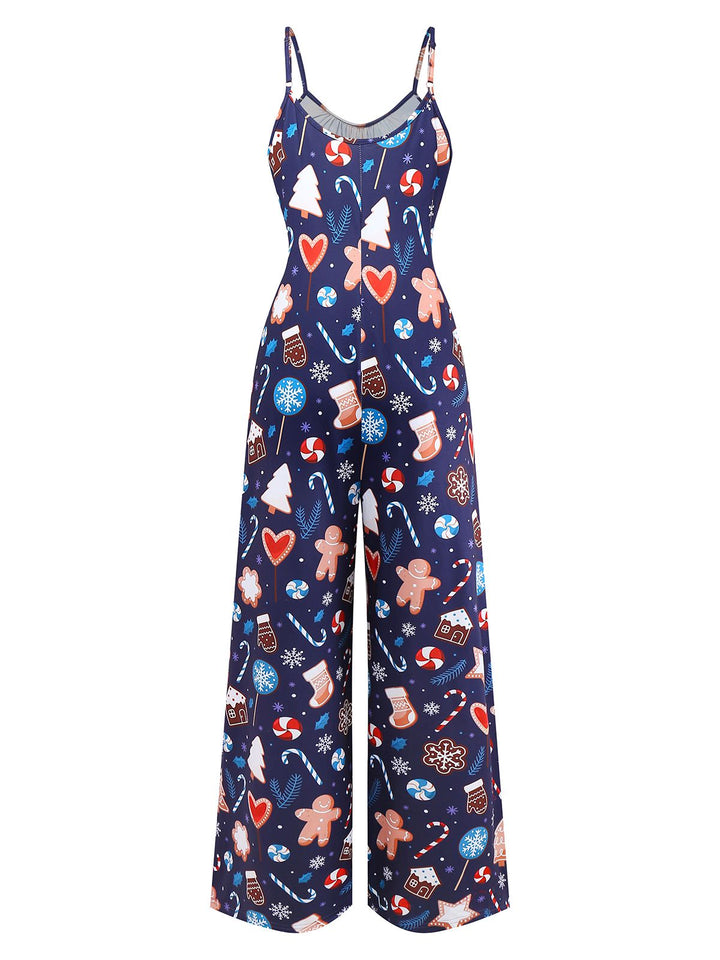 Blue 1930s Christmas Elements Printed Straps Jumpsuit - vintage jumpsuit, retro fashion