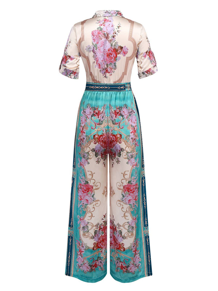 Green 1930s Symmetrical Floral Shirt Collar Jumpsuit - vintage jumpsuit, retro fashion