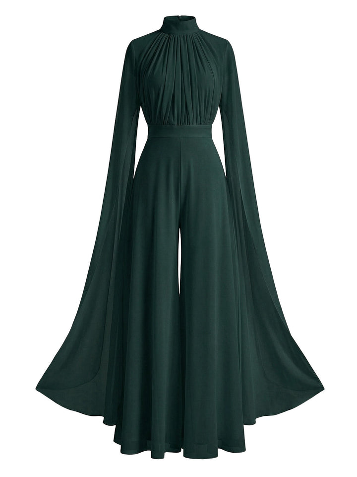 1930s Satin Long Sleeve Ruffled Hem Ruched Jumpsuit - vintage jumpsuit, retro fashion