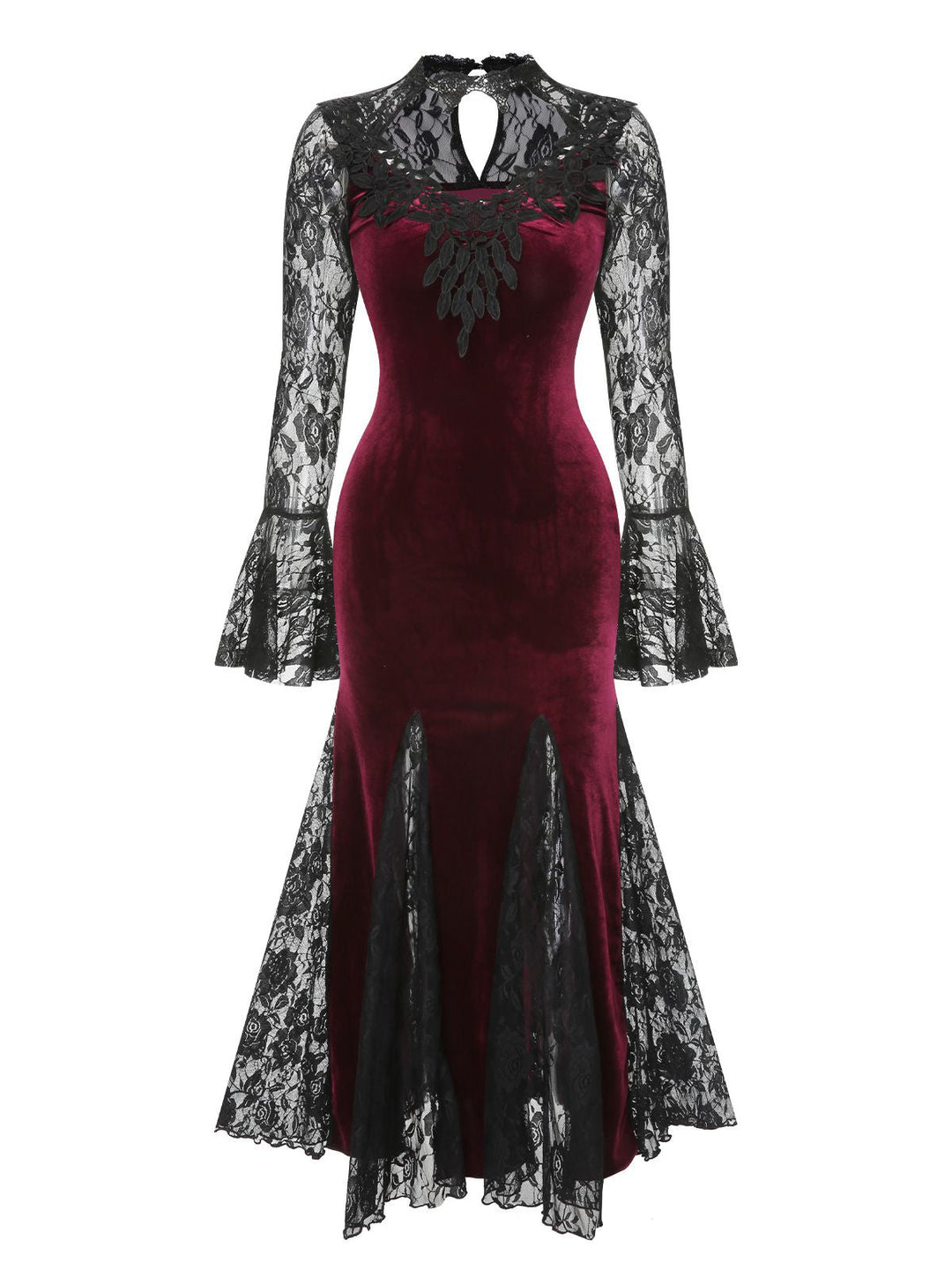 Side view: 1930s 1930s Lace Long Sleeve Fishtail Dress, perfect for retro themed parties, vintage fashion enthusiasts and special occasions