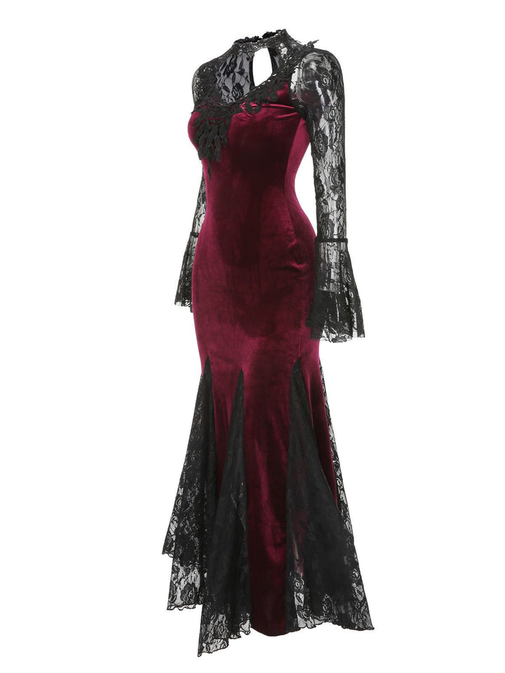 Back view: 1930s 1930s Lace Long Sleeve Fishtail Dress, perfect for retro themed parties, vintage fashion enthusiasts and special occasions