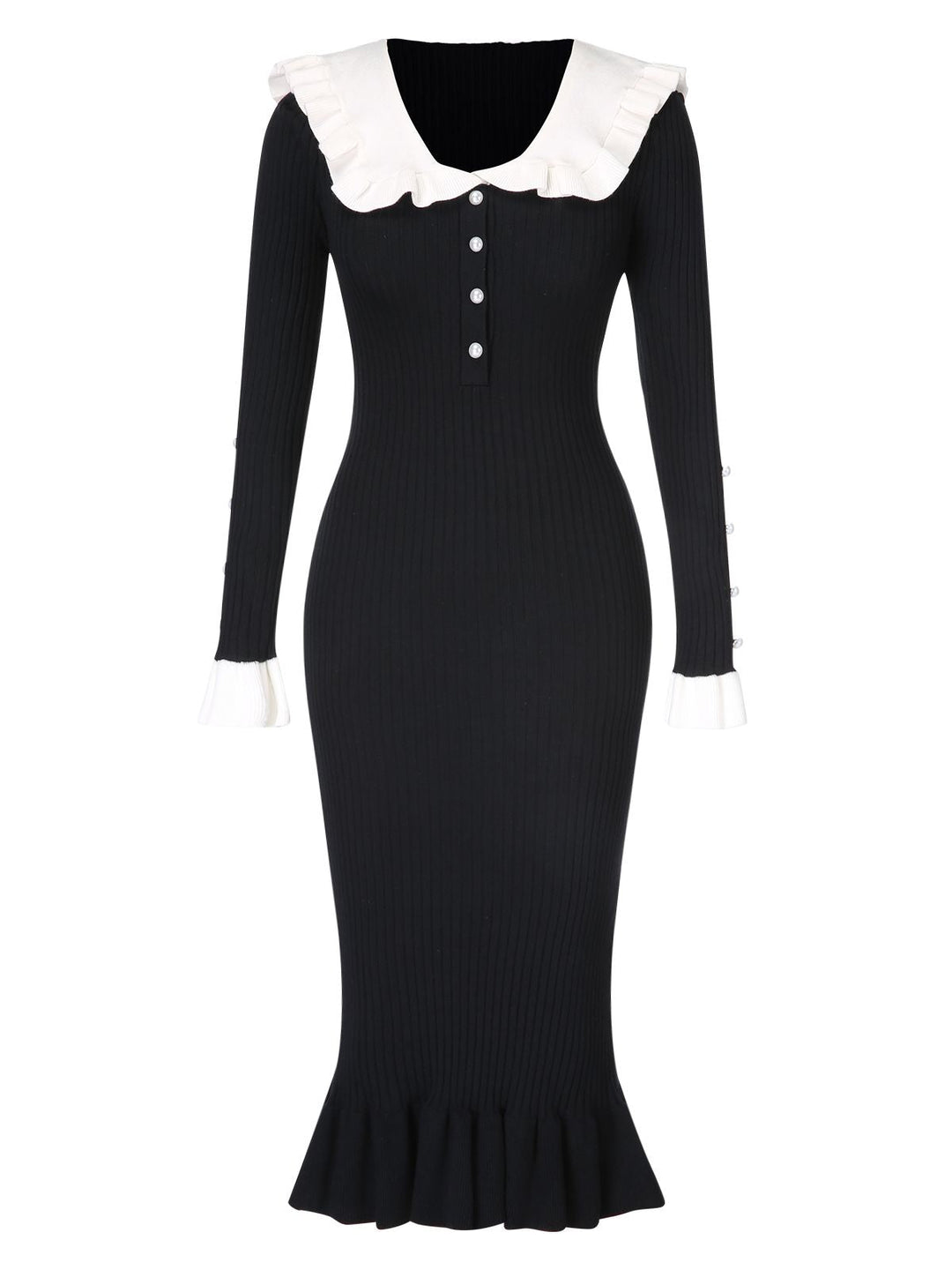 1930s Lapel Knitted Colorblock Fishtail Dress, vintage dress, retro fashion - perfect for women who love vintage and retro fashion
