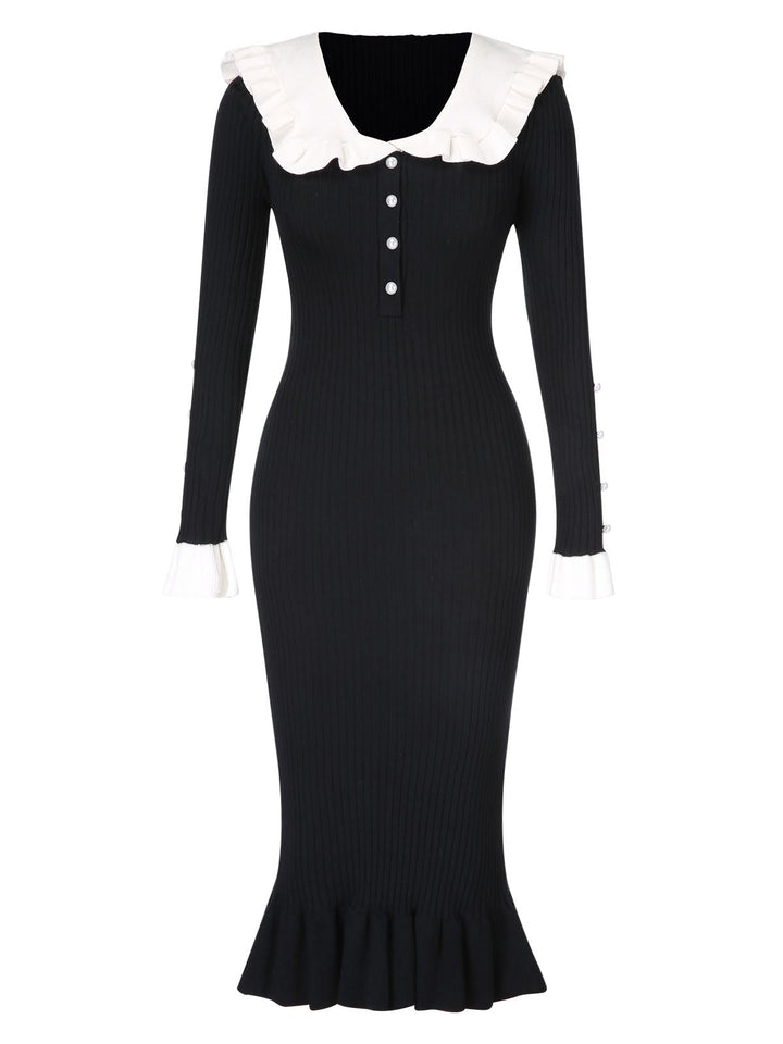 1930s Lapel Knitted Colorblock Fishtail Dress, vintage dress, retro fashion - perfect for women who love vintage and retro fashion