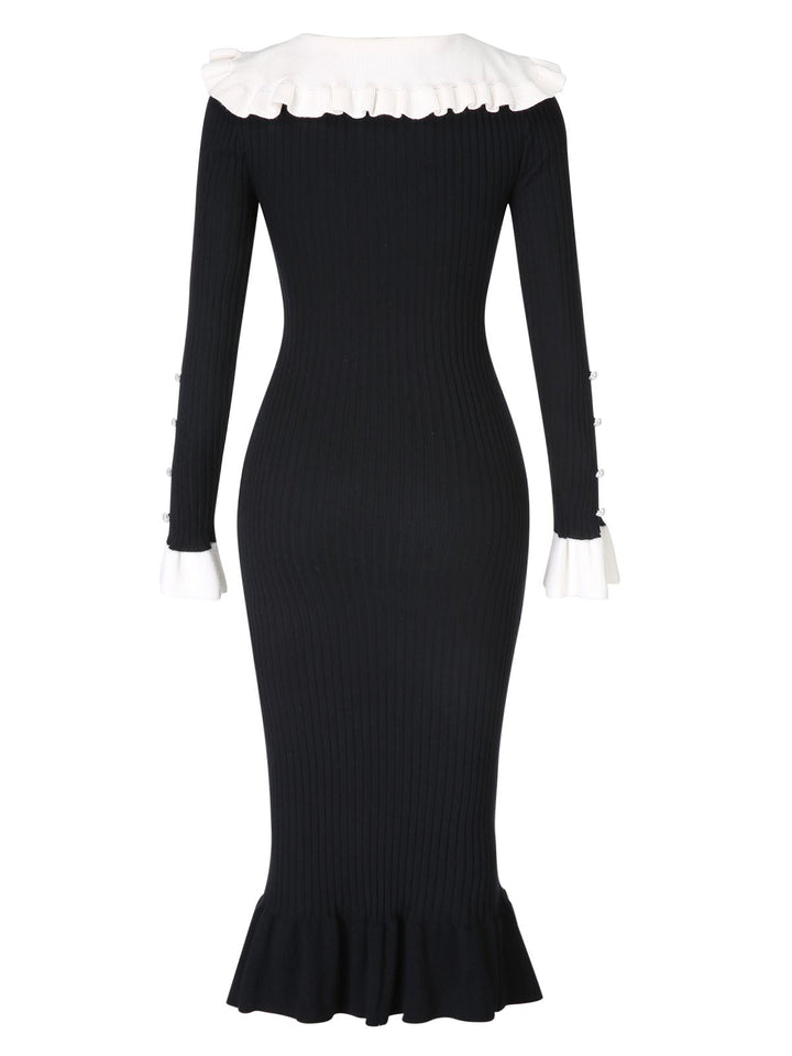 1930s Lapel Knitted Colorblock Fishtail Dress, vintage dress, retro fashion - perfect for women who love vintage and retro fashion