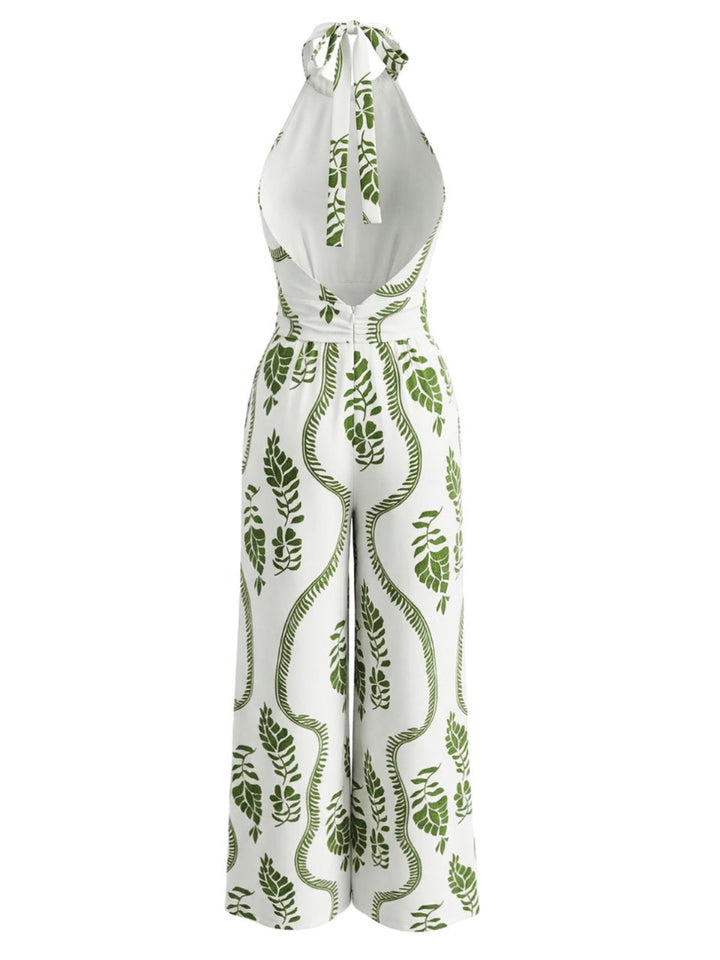 1930s Leaf Halter Deep V Backless Jumpsuit | vintage romper, retro jumpsuit, playful style - perfect for retro fashion enthusiasts