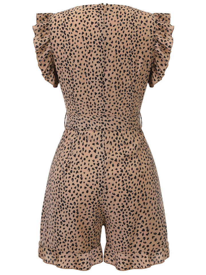 Back view: 1930s 1930s Leopard Print Mullet Sleeves V-neck Romper, perfect for retro themed parties, vintage fashion enthusiasts and special occasions