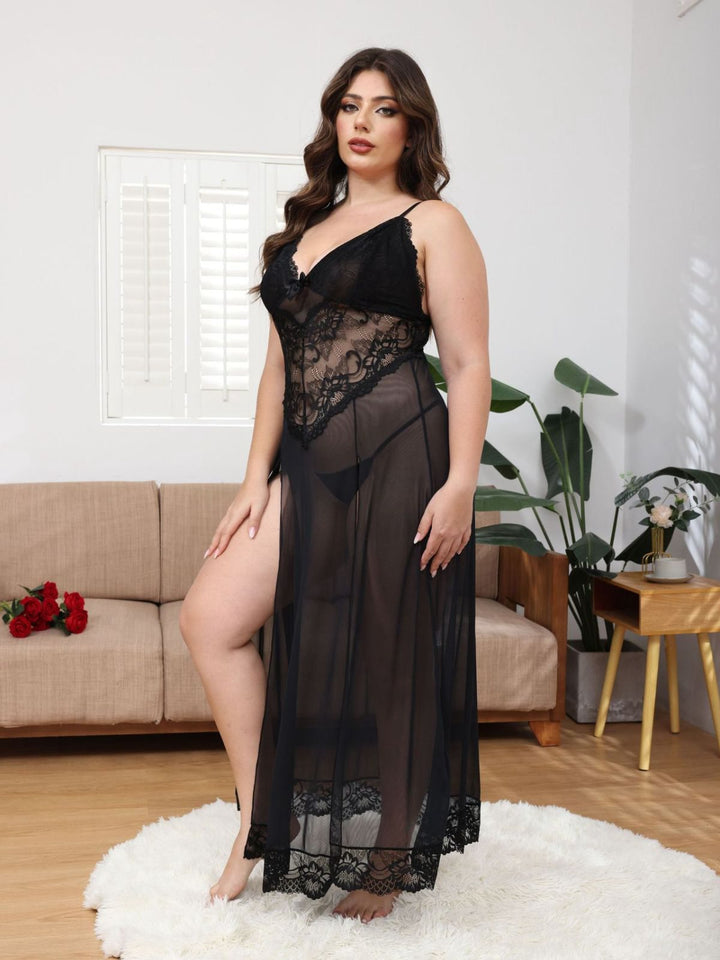 Mesh Lace Suspenders Slit Nightgown - vintage nightgown, retro sleepwear