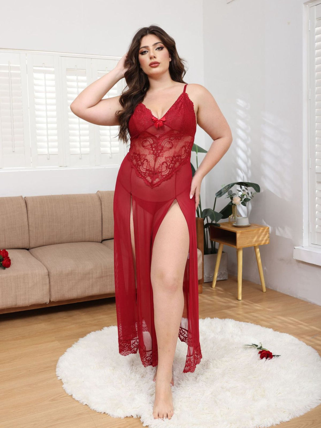 Mesh Lace Suspenders Slit Nightgown - vintage nightgown, retro sleepwear