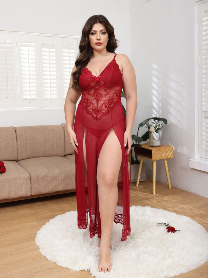 Mesh Lace Suspenders Slit Nightgown - vintage nightgown, retro sleepwear
