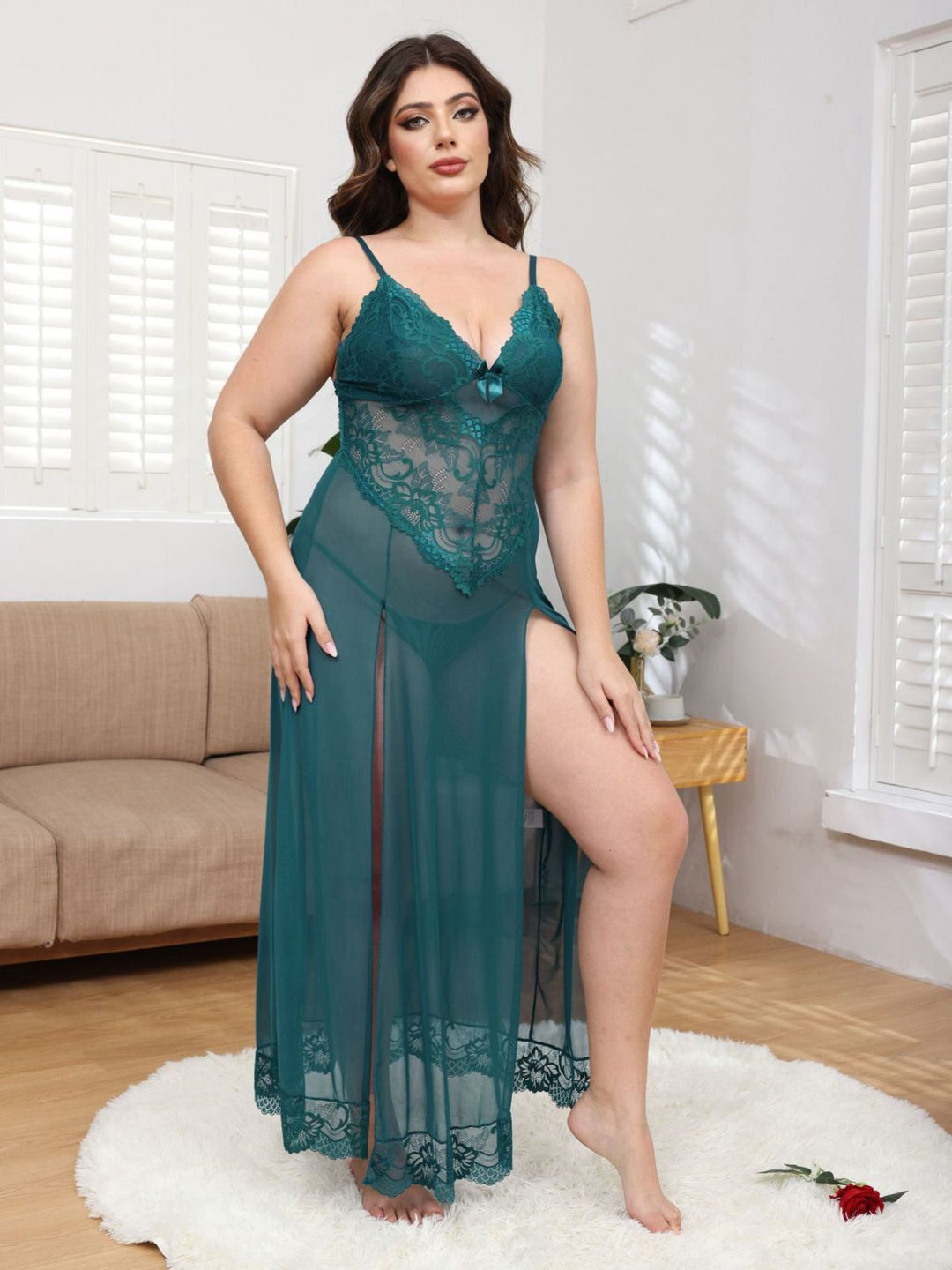 Mesh Lace Suspenders Slit Nightgown - vintage nightgown, retro sleepwear