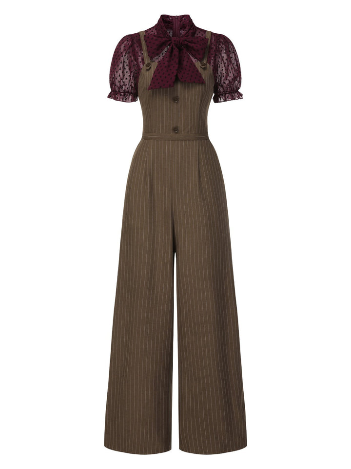 Red 1930s Mesh Patchwork Vertical Stripe Jumpsuit, vintage romper, retro jumpsuit - perfect for women who love vintage and retro fashion