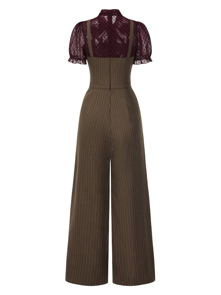 Red 1930s Mesh Patchwork Vertical Stripe Jumpsuit, vintage romper, retro jumpsuit - perfect for women who love vintage and retro fashion