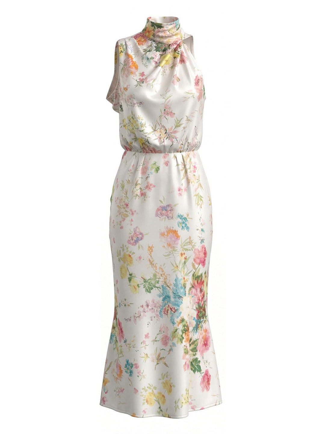1930s Mock Neck Watercolor Floral Satin Mermaid Dress - vintage dress, retro fashion, elegant style for vintage lovers