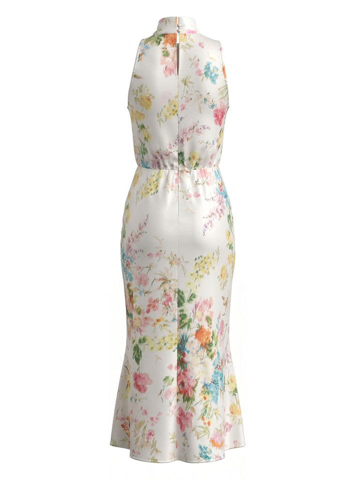 1930s Mock Neck Watercolor Floral Satin Mermaid Dress: beautiful vintage dress, retro fashion, elegant style with timeless appeal