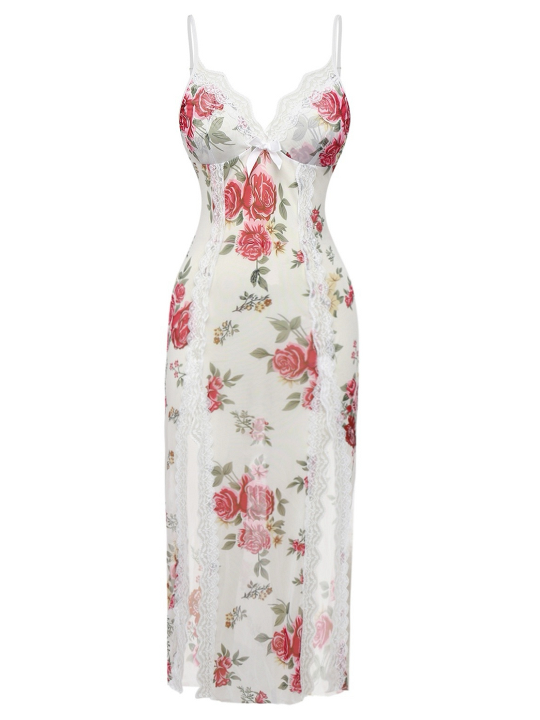 White Lace Floral Mesh Spaghetti Straps Nightgown - vintage nightgown, retro sleepwear, pure white