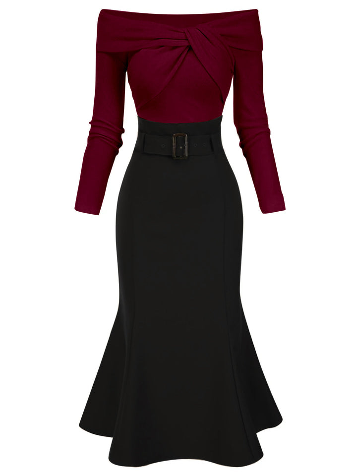 1930s Off Shoulder Knit Belt Mermaid Dress - vintage dress, fashion