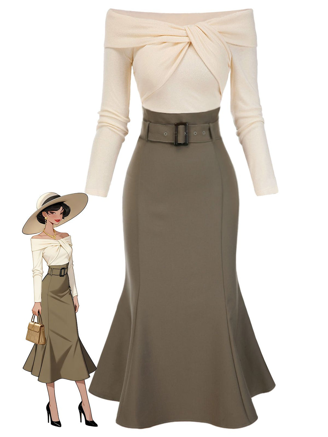 Khaki 1930s Off Shoulder Knit Belt Mermaid Dress, vintage dress, fashion - perfect for women who love vintage and fashion