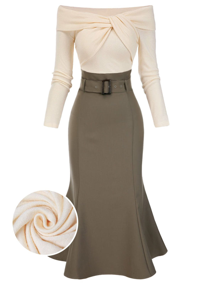 Khaki 1930s Off Shoulder Knit Belt Mermaid Dress, vintage dress, fashion - perfect for women who love vintage and fashion