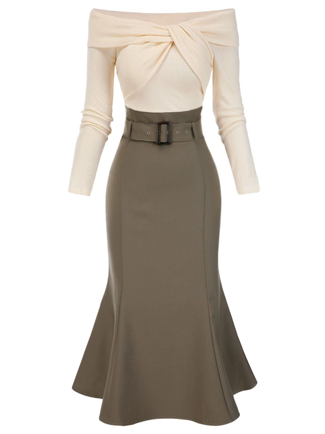 Khaki 1930s Off Shoulder Knit Belt Mermaid Dress, vintage dress, fashion - perfect for women who love vintage and fashion
