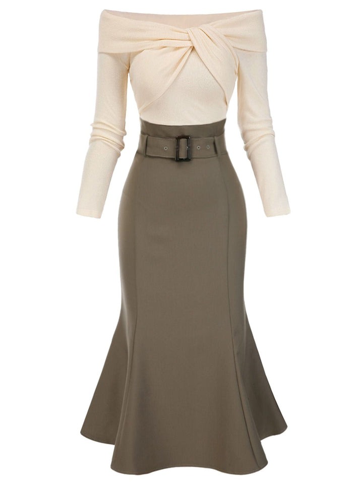 Khaki 1930s Off Shoulder Knit Belt Mermaid Dress, vintage dress, fashion - perfect for women who love vintage and fashion
