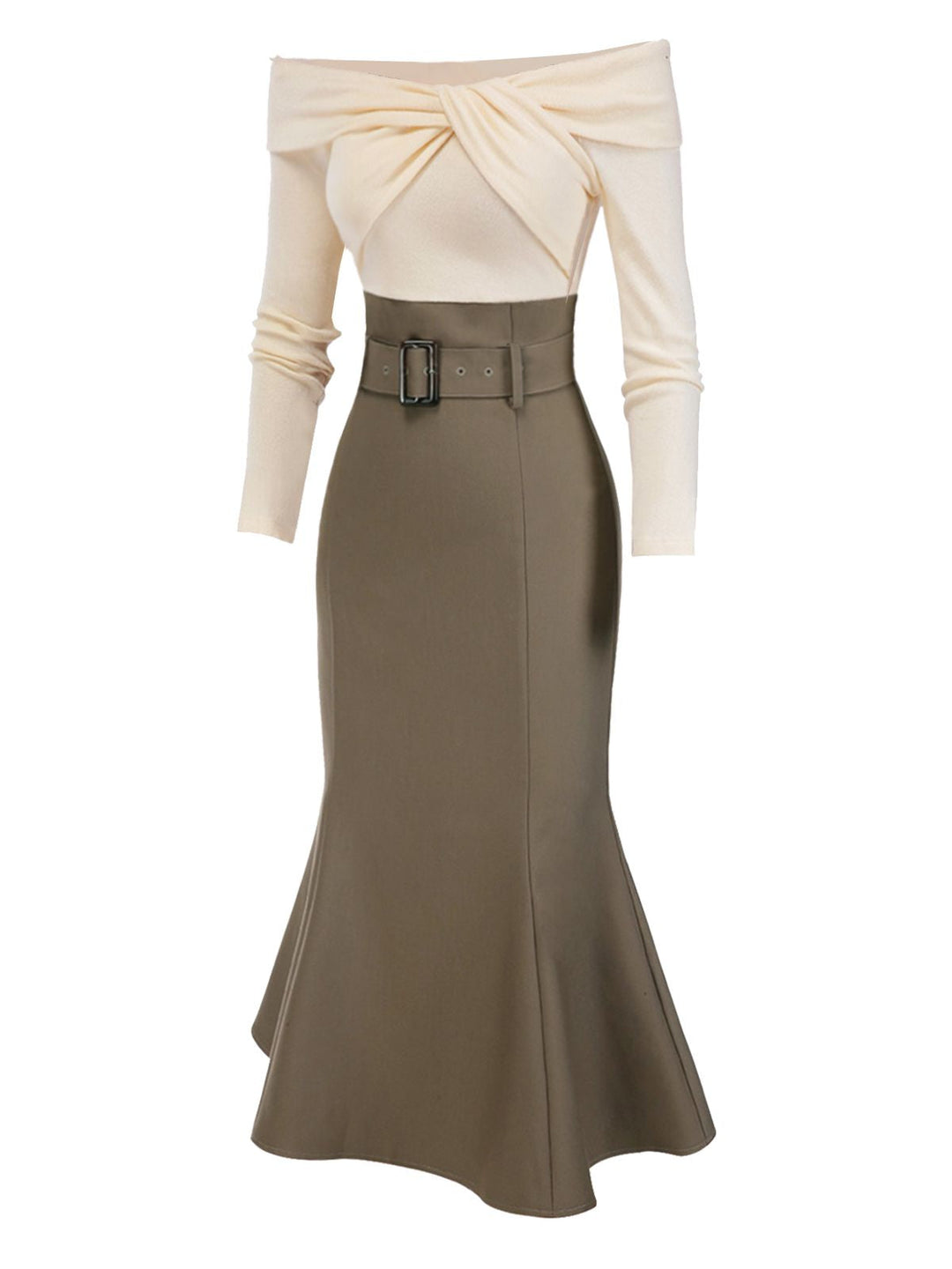 Khaki 1930s Off Shoulder Knit Belt Mermaid Dress, vintage dress, fashion - perfect for women who love vintage and fashion
