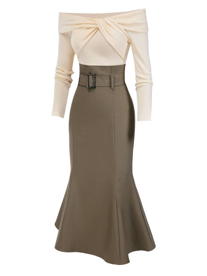 Khaki 1930s Off Shoulder Knit Belt Mermaid Dress, vintage dress, fashion - perfect for women who love vintage and fashion