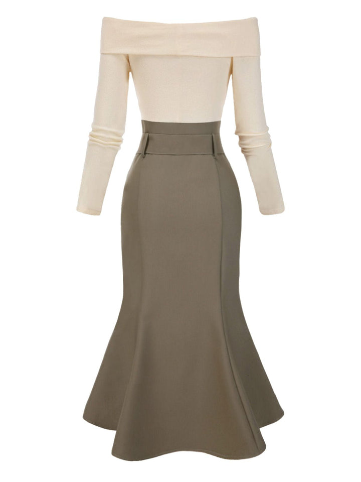 Khaki 1930s Off Shoulder Knit Belt Mermaid Dress, vintage dress, fashion - perfect for women who love vintage and fashion