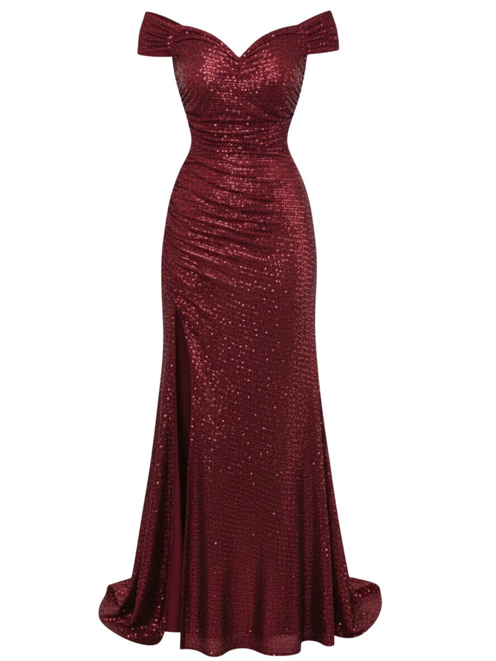 1930s Off-Shoulder Glitter Slit Maxi Dress - vintage dress, retro fashion