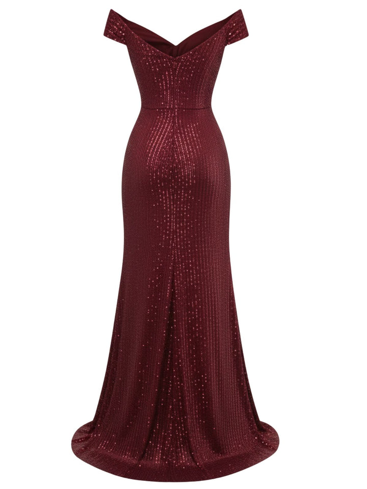 1930s Off-Shoulder Glitter Slit Maxi Dress - vintage dress, retro fashion
