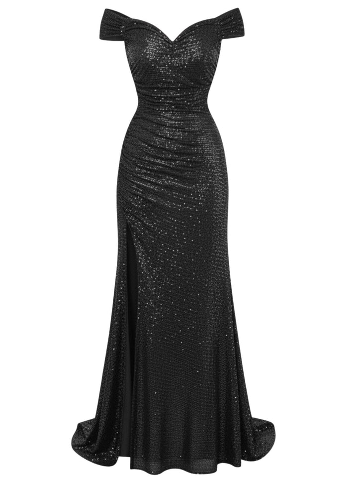 1930s Off-Shoulder Glitter Slit Maxi Dress - vintage dress, retro fashion