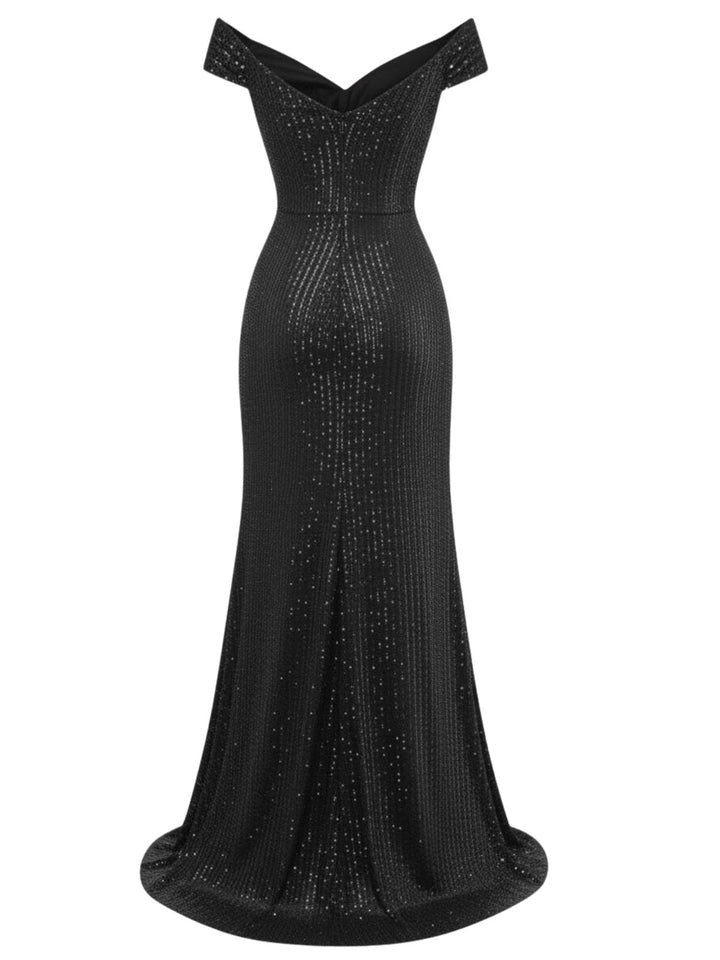 1930s Off-Shoulder Glitter Slit Maxi Dress - vintage dress, retro fashion