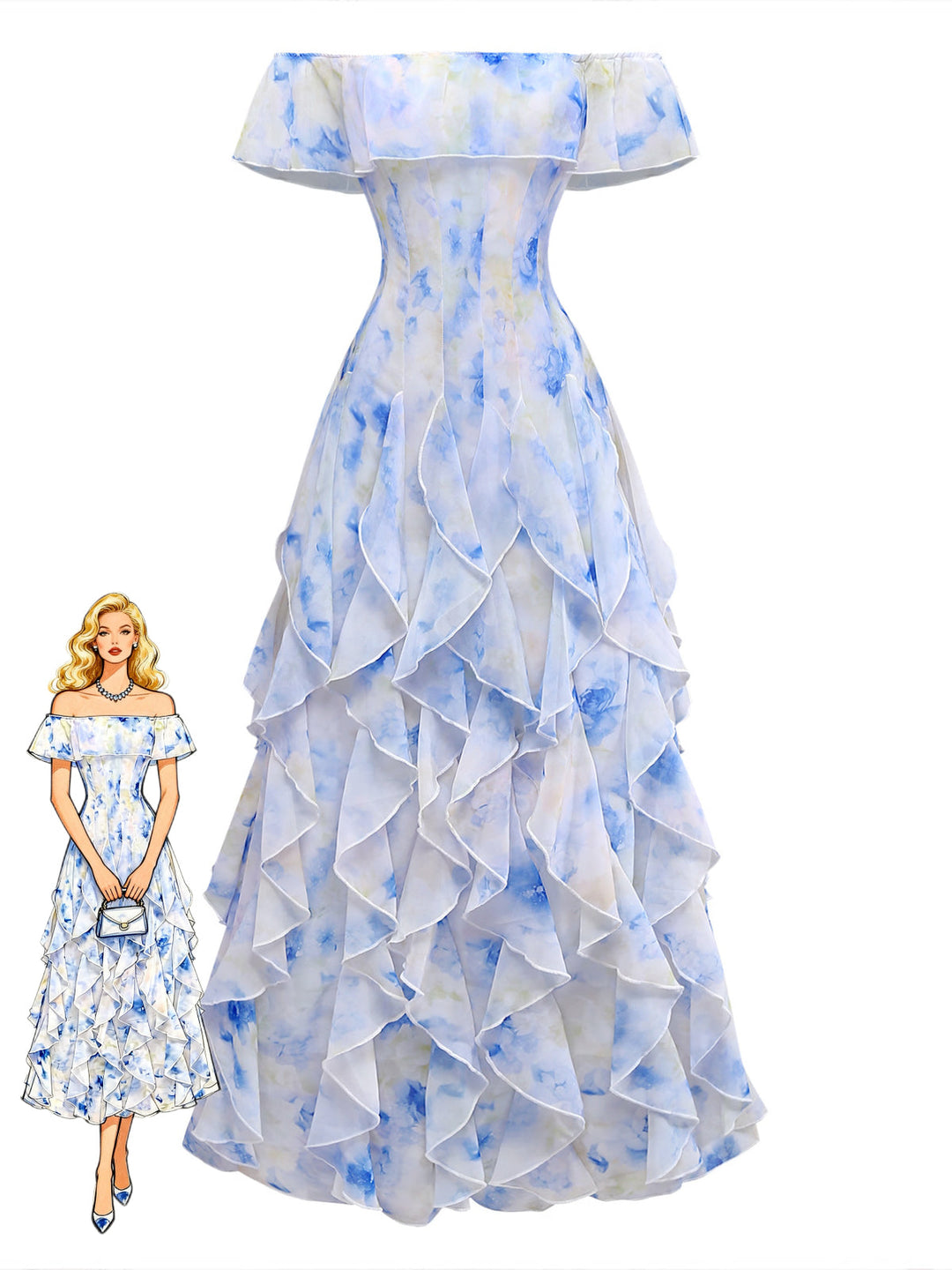 Blue 1930s Floral Vintage Classic Dress