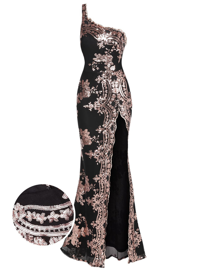 She slips into this 1930s One Shoulder Sequined Floral Slit Dress and suddenly it&