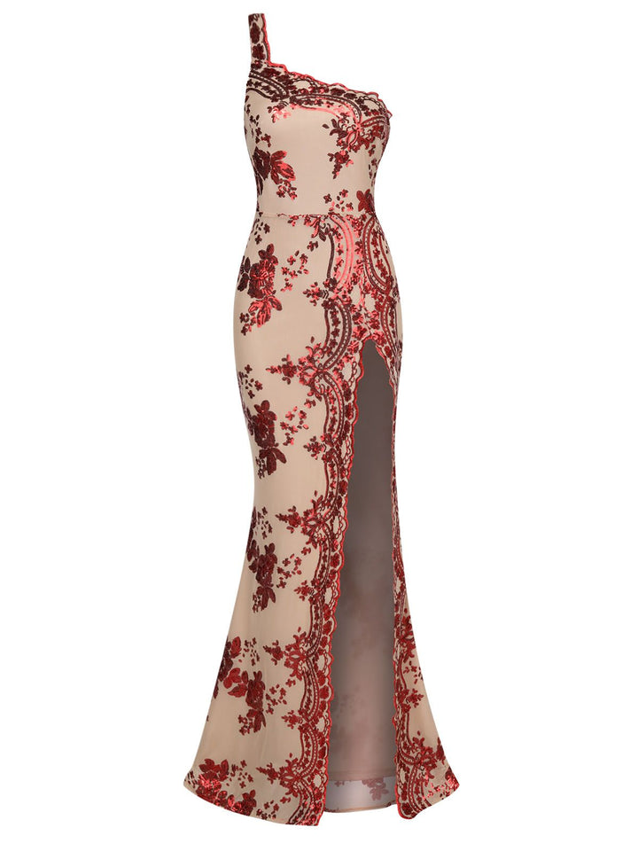 1930s One Shoulder Sequined Floral Slit Dress — the kind of 1930s dress that makes strangers smile