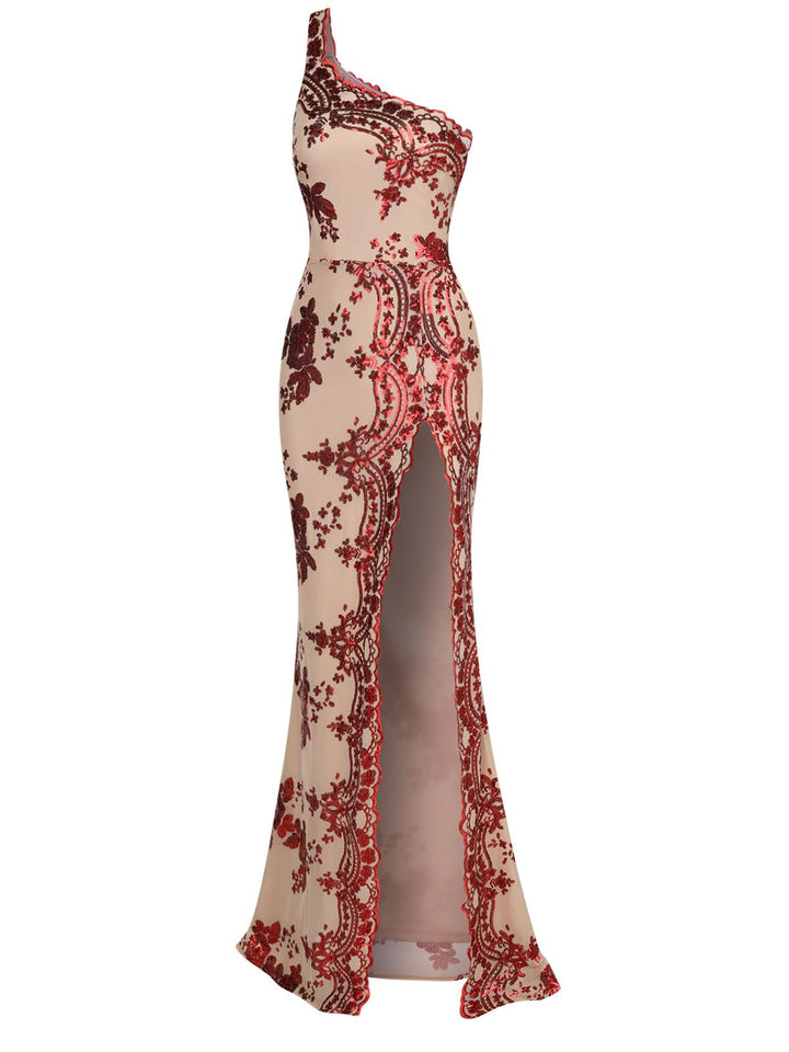 She slips into this 1930s One Shoulder Sequined Floral Slit Dress and suddenly it&