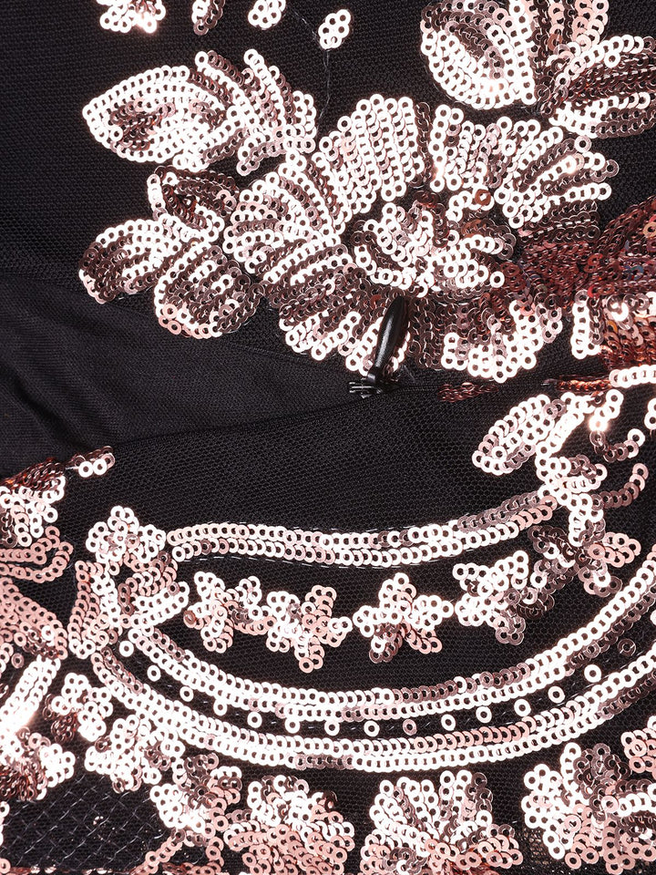 She slips into this 1930s One Shoulder Sequined Floral Slit Dress and suddenly it&