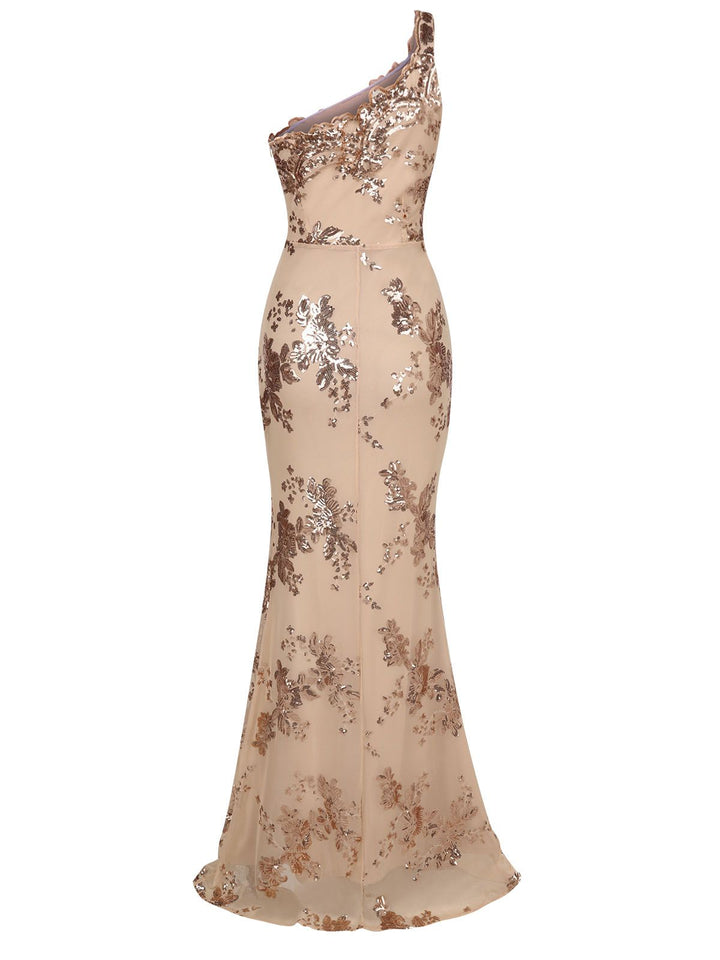 1930s One Shoulder Sequined Floral Slit Dress — the kind of 1930s dress that makes strangers smile