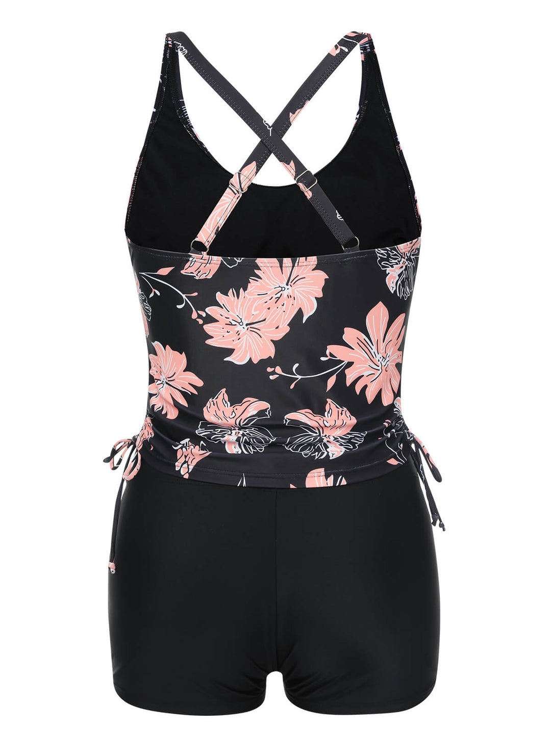 Back view: 1930s 1930s Pink Floral Lace-Up Tankini, perfect for retro themed parties, vintage fashion enthusiasts and special occasions