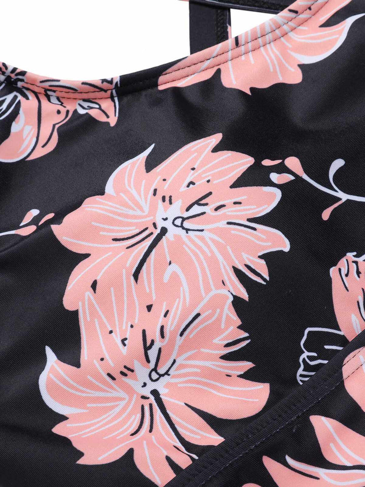 Detail close-up: 1930s 1930s Pink Floral Lace-Up Tankini, perfect for retro themed parties, vintage fashion enthusiasts and special occasions