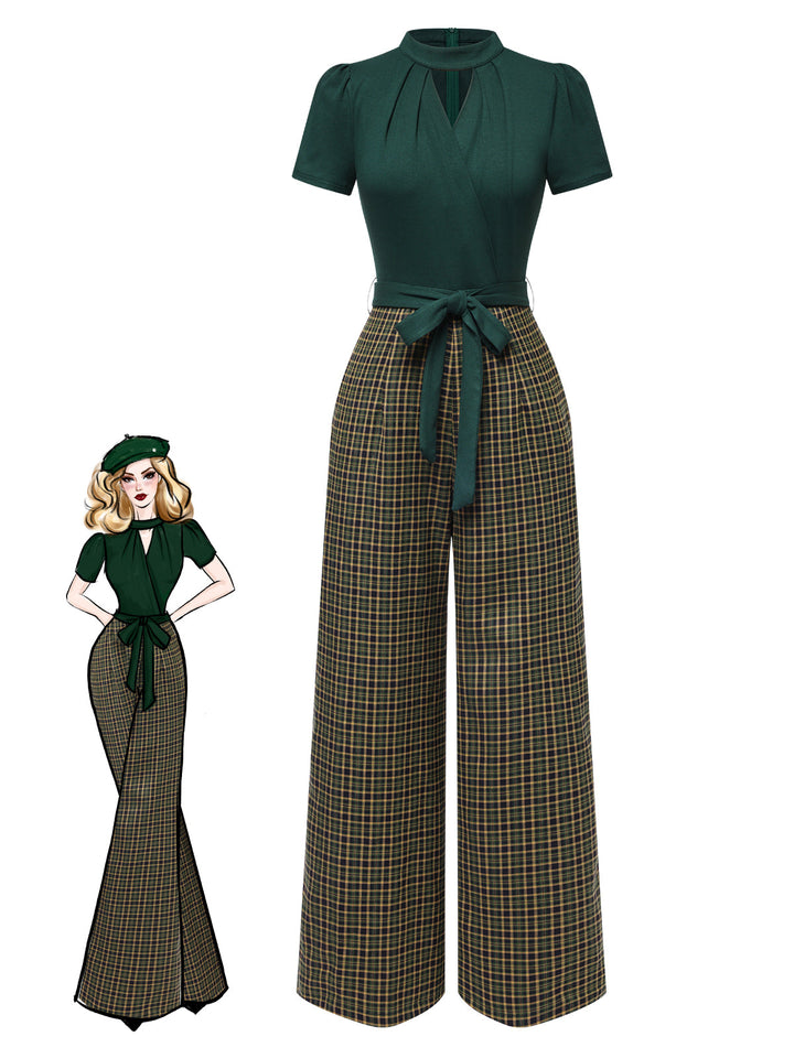 She adds this 1930s Plaid Keyhole Neck Belted Jumpsuit and suddenly it&