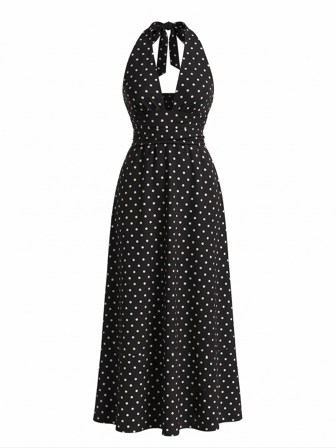 1930s Polka Dot Halter Deep V-Neck Maxi Dress, vintage dress, retro fashion - perfect for women who love vintage and retro fashion